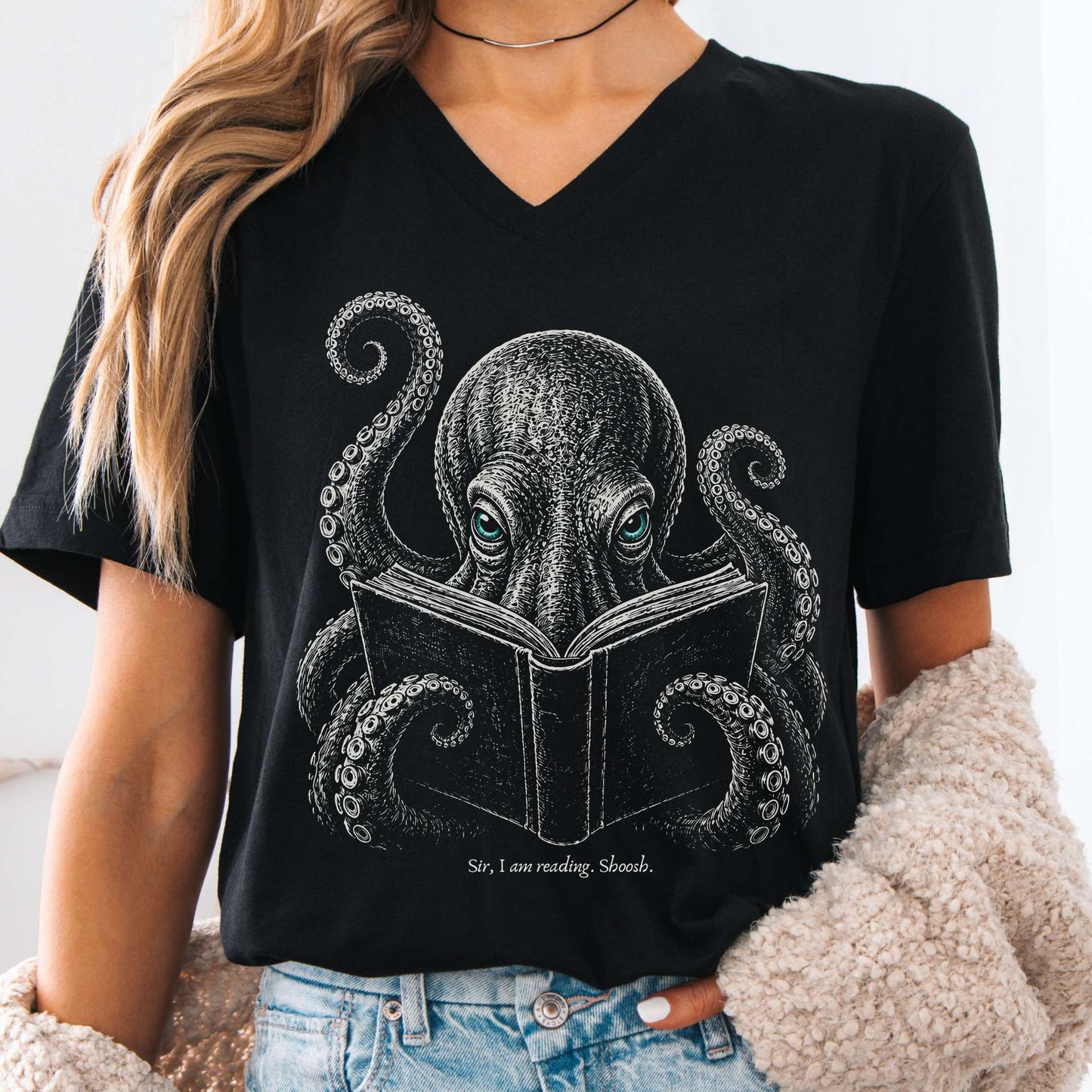 Sir, I Am Reading. Shoosh. Octopus V-Neck