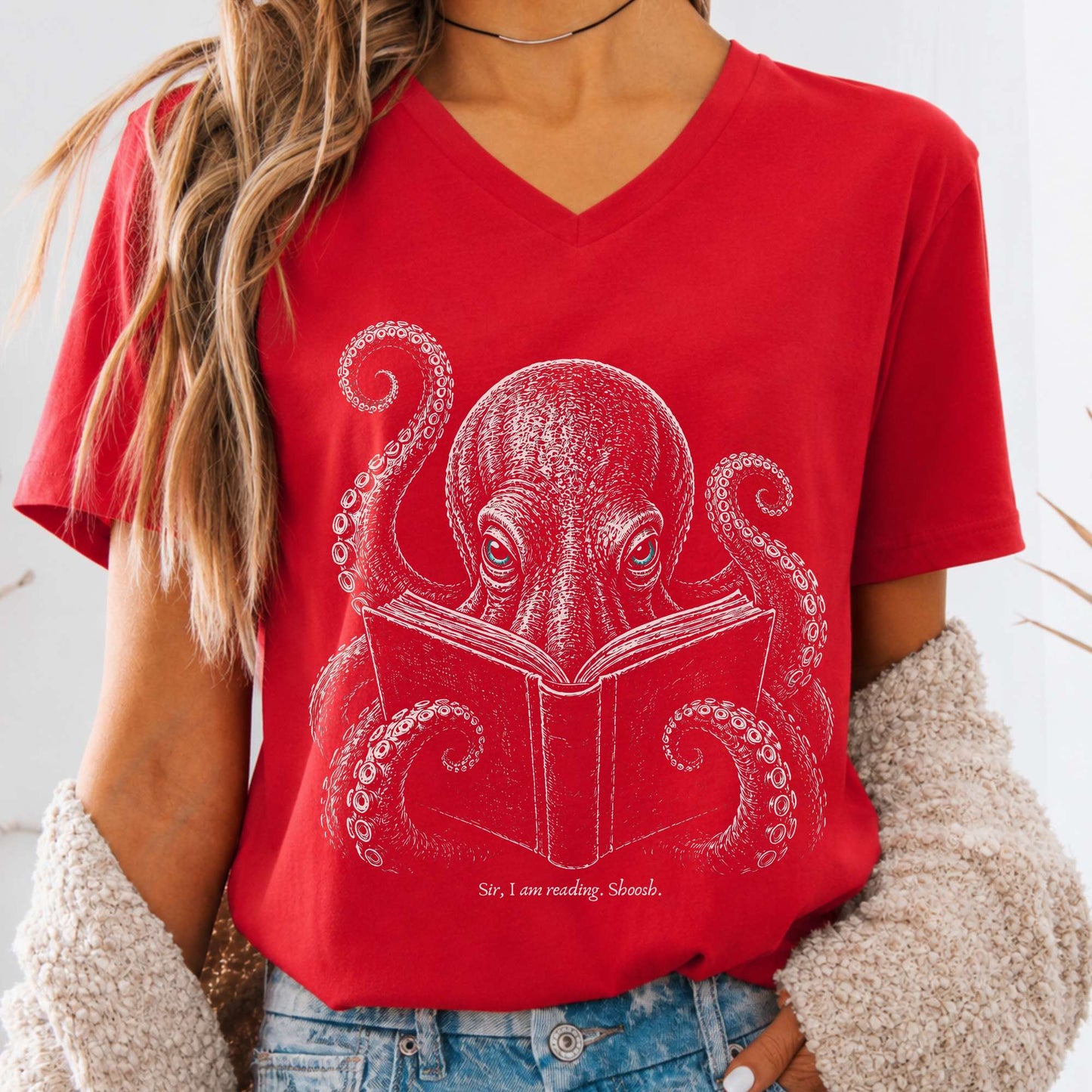 Sir, I Am Reading. Shoosh. Octopus V-Neck