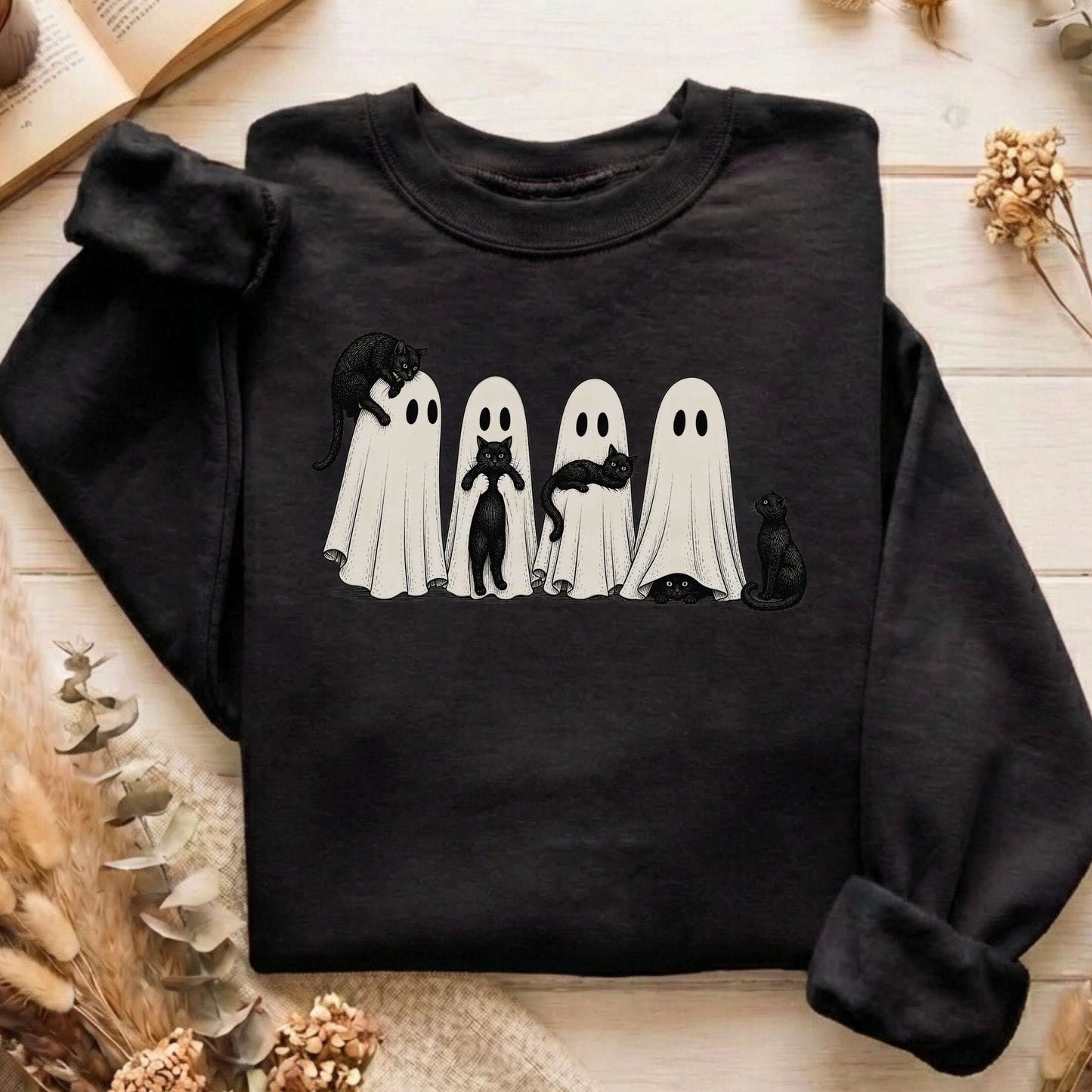 Black Cats With Their Ghosts Halloween Sweatshirt