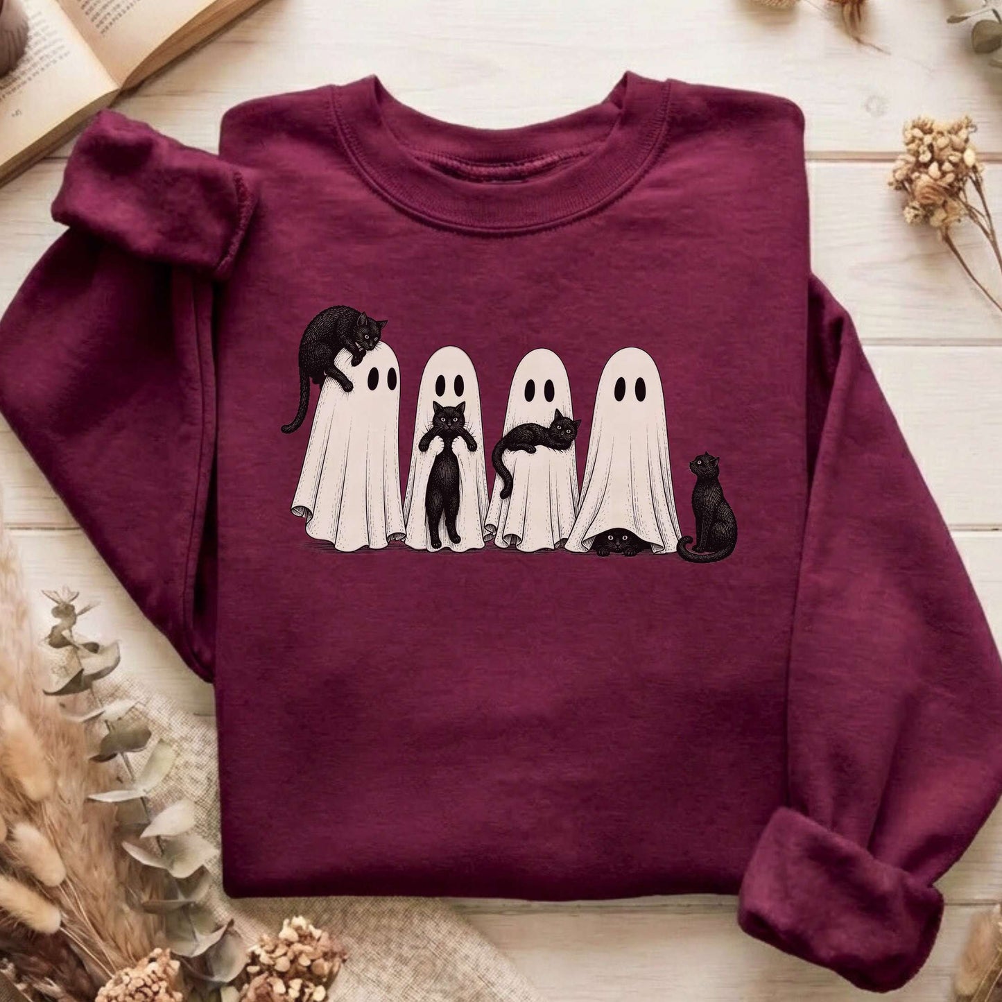 Black Cats With Their Ghosts Halloween Sweatshirt