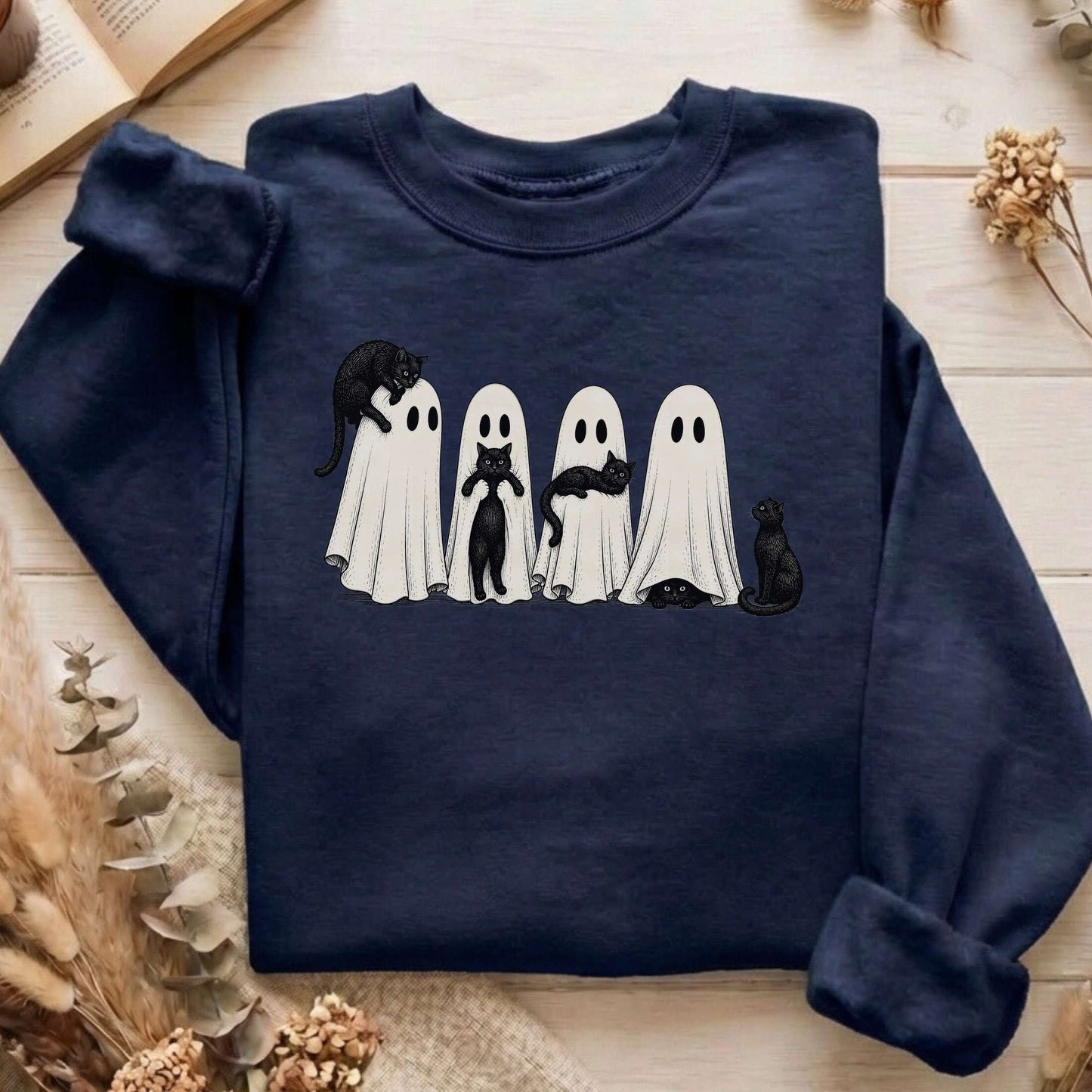 Black Cats With Their Ghosts Halloween Sweatshirt