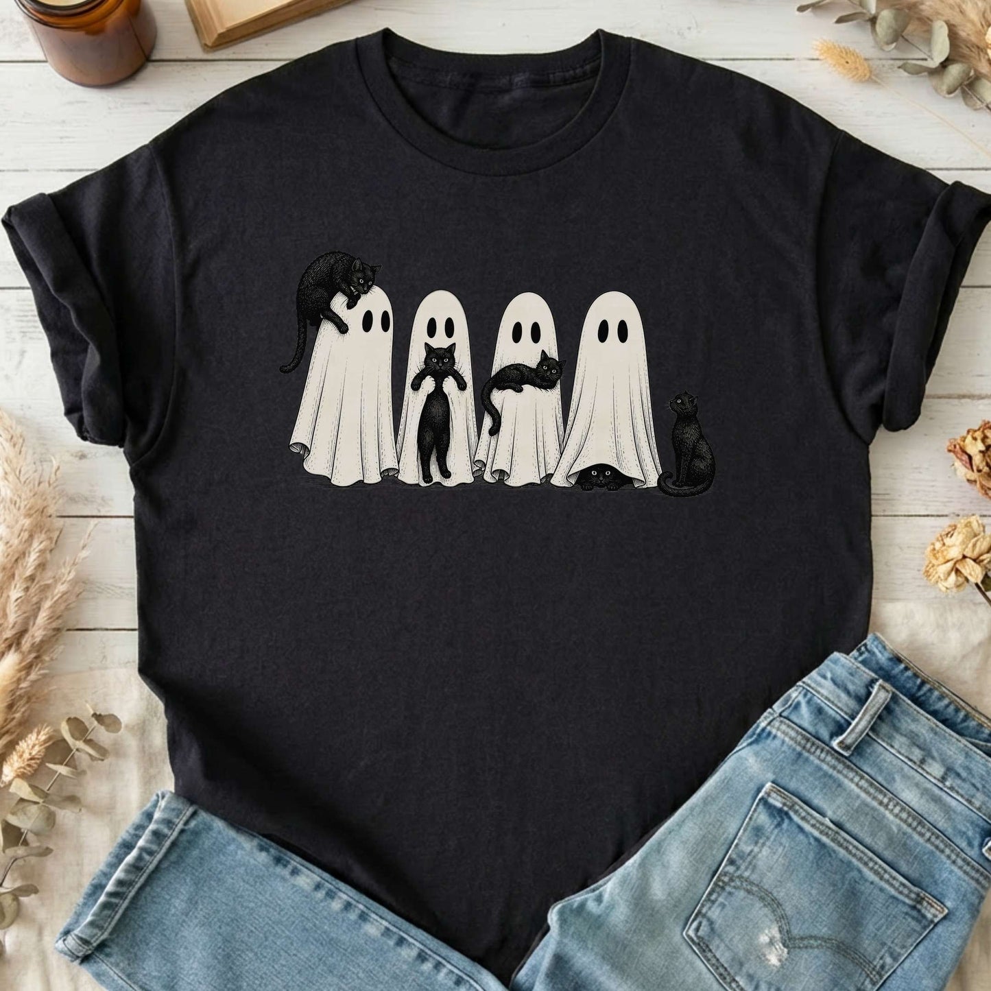 Black Cats With Their Ghosts Halloween T-Shirt