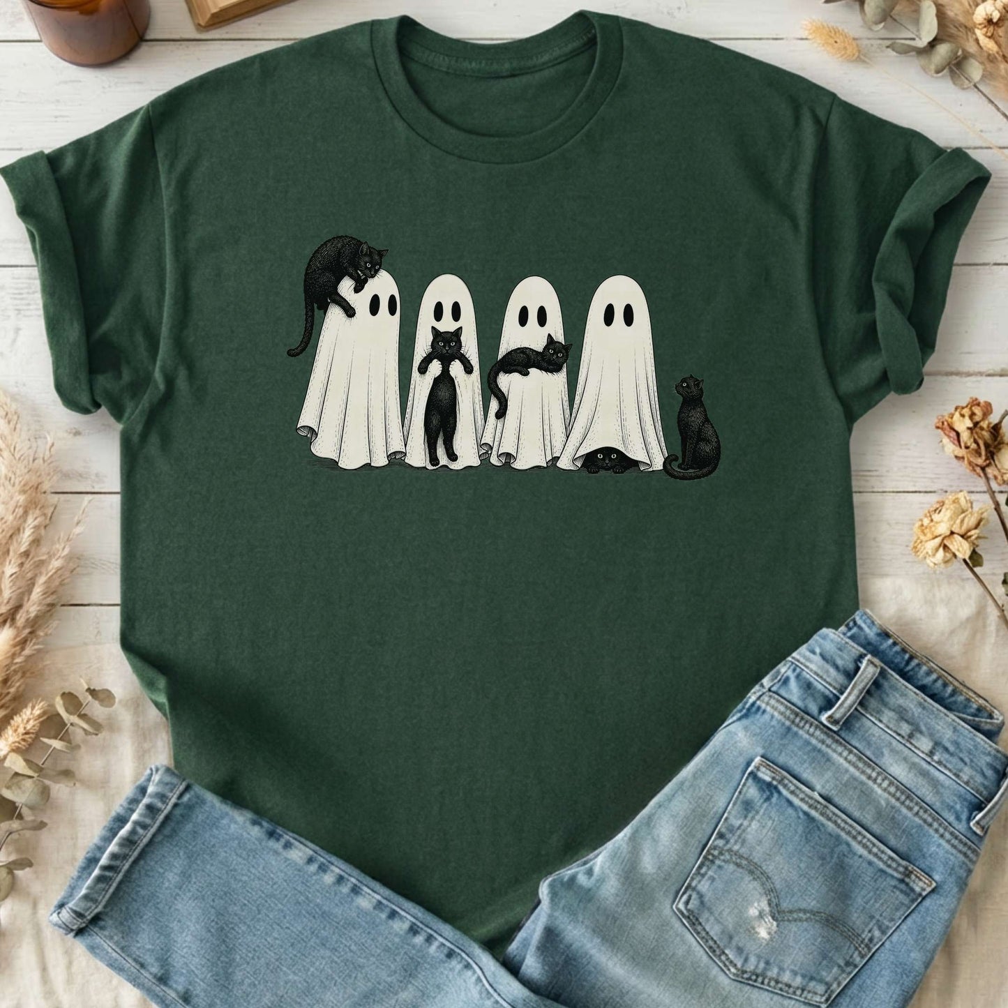 Black Cats With Their Ghosts Halloween T-Shirt