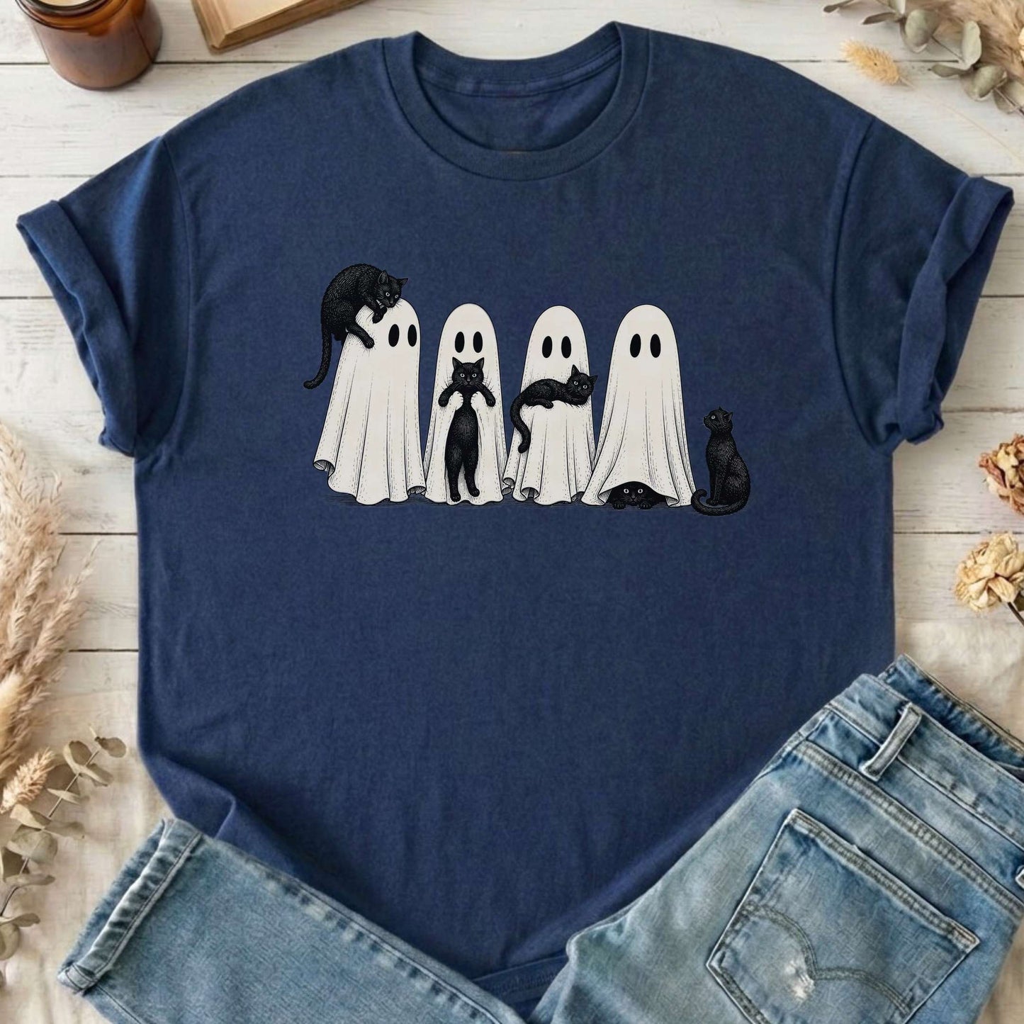 Black Cats With Their Ghosts Halloween T-Shirt
