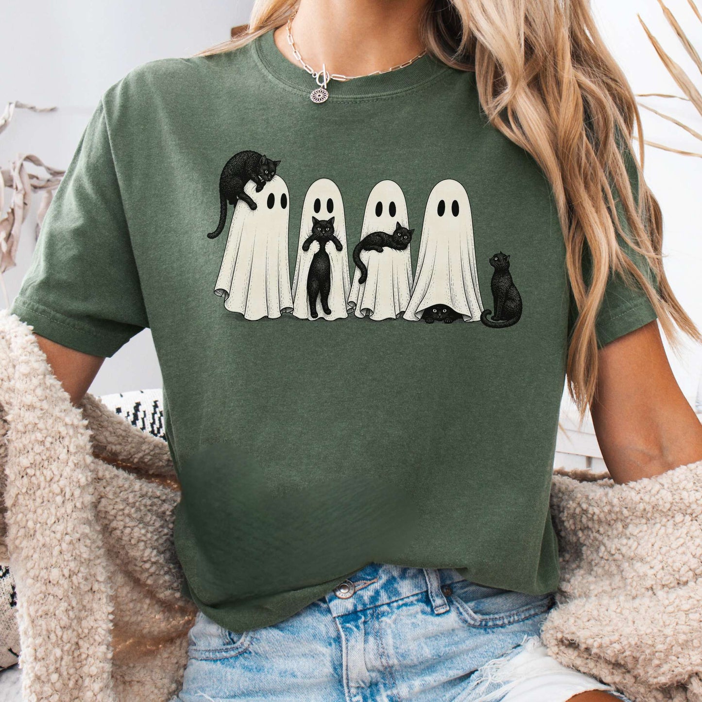 Black Cats With Their Ghosts Halloween T-Shirt