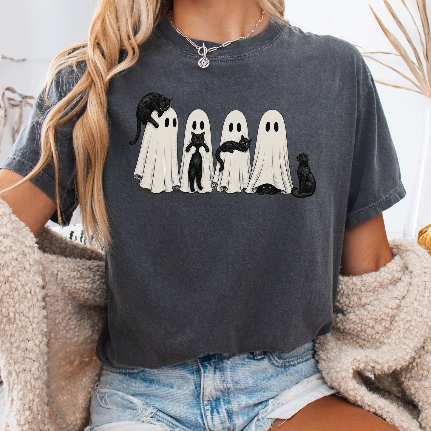 Black Cats With Their Ghosts Halloween T-Shirt