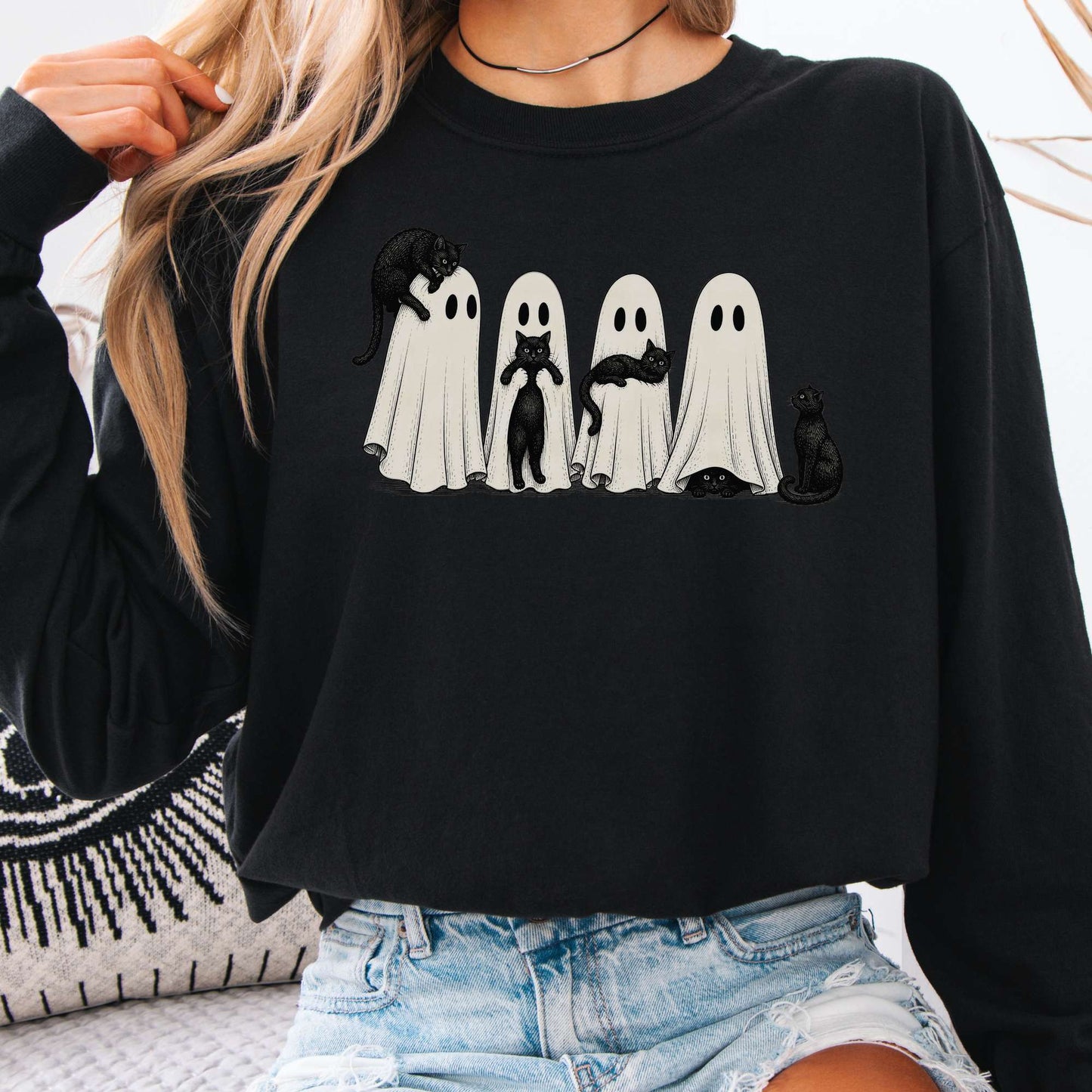 Black Cats With Their Ghosts Halloween Long Sleeve