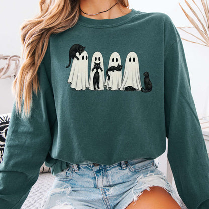 Black Cats With Their Ghosts Halloween Long Sleeve