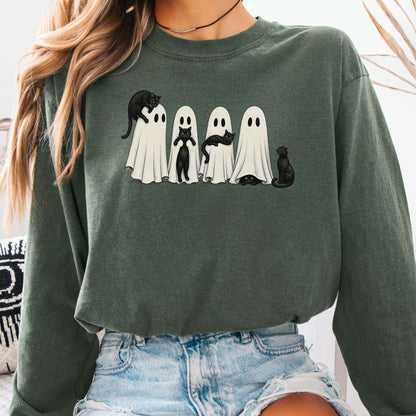 Black Cats With Their Ghosts Halloween Long Sleeve