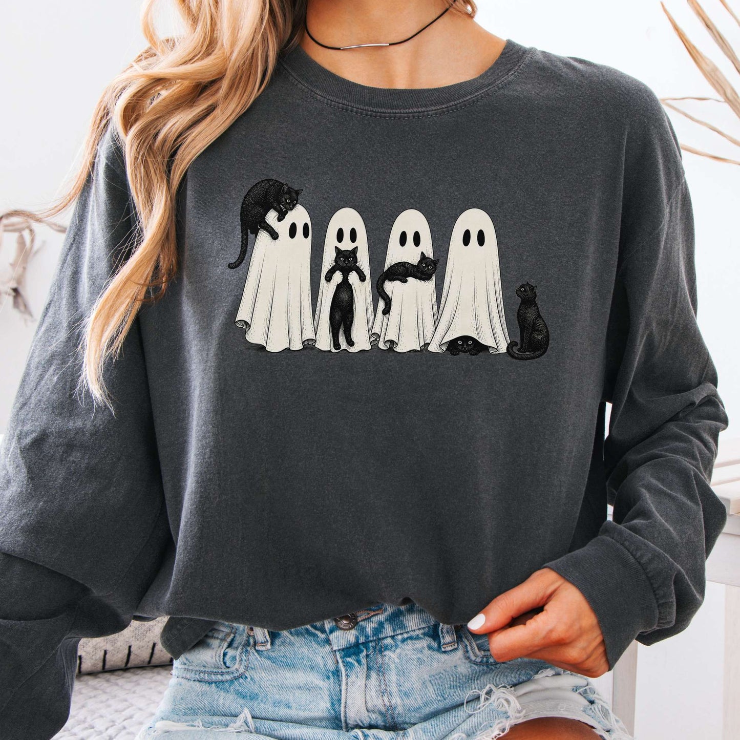 Black Cats With Their Ghosts Halloween Long Sleeve