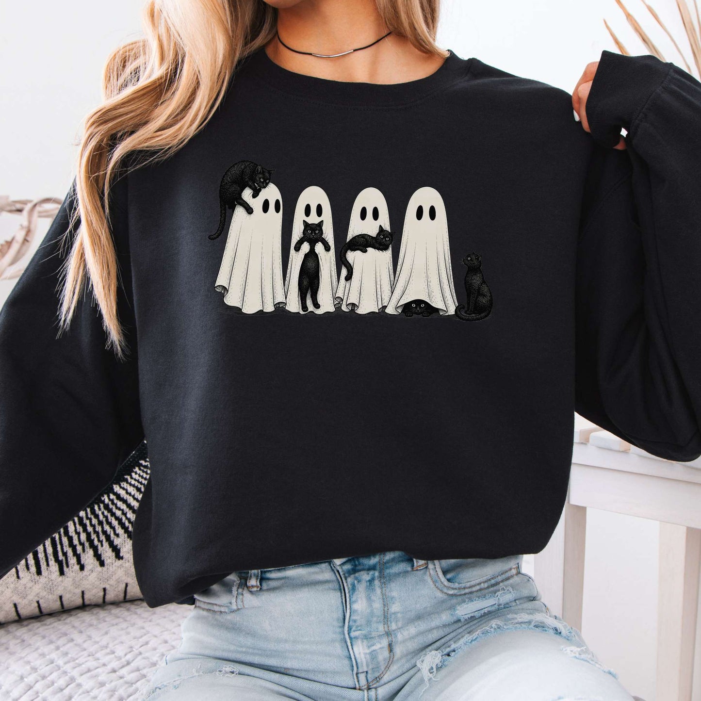 Black Cats With Their Ghosts Halloween Sweatshirt