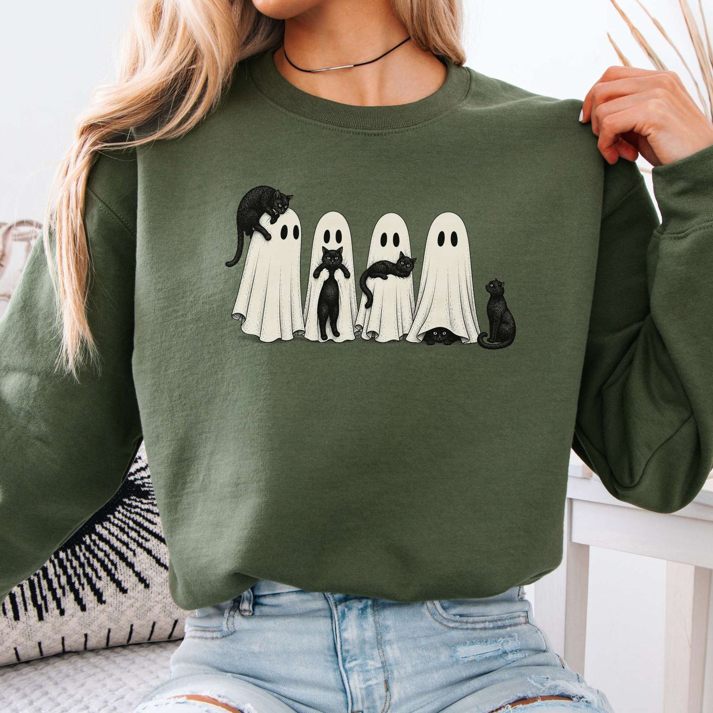 Black Cats With Their Ghosts Halloween Sweatshirt
