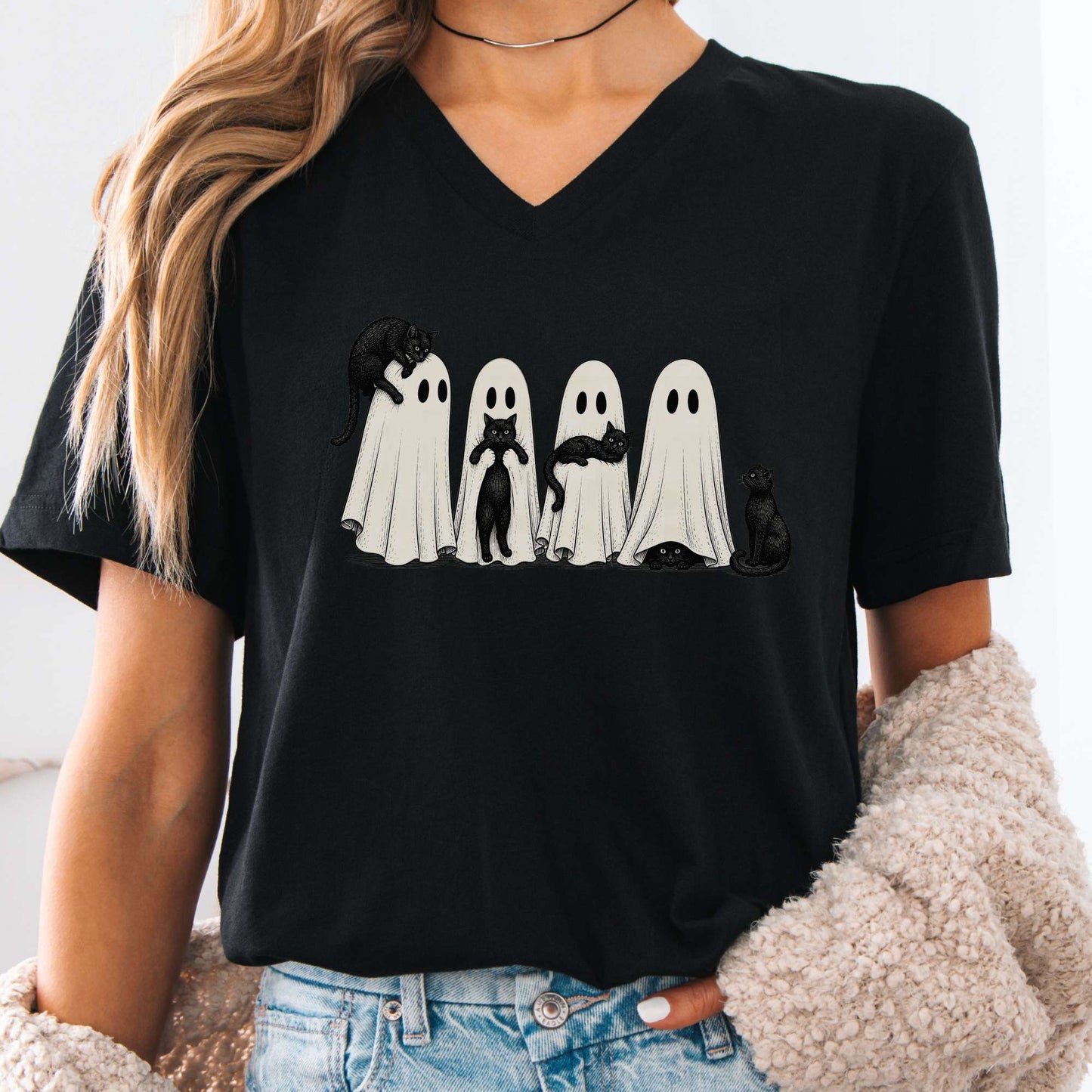 Black Cats With Their Ghosts Halloween V-Neck
