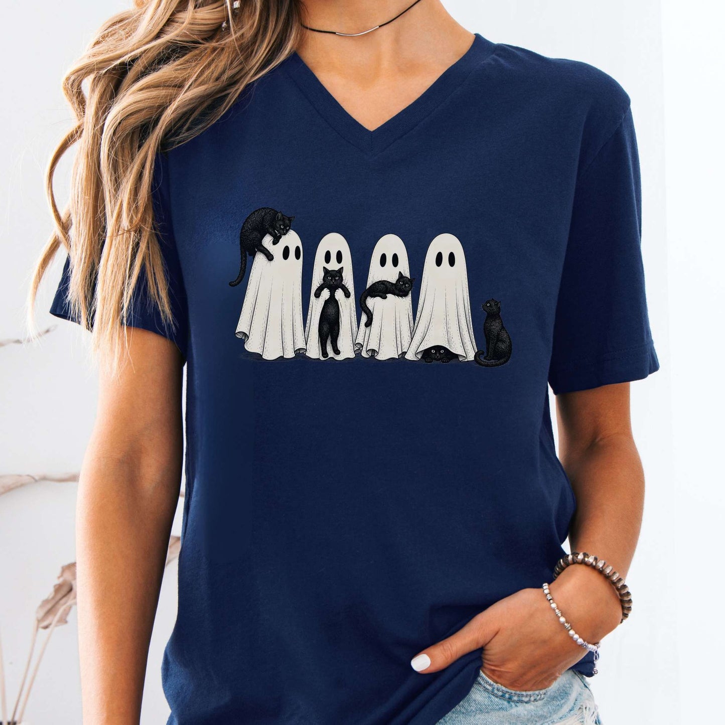 Black Cats With Their Ghosts Halloween V-Neck