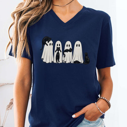 Black Cats With Their Ghosts Halloween V-Neck