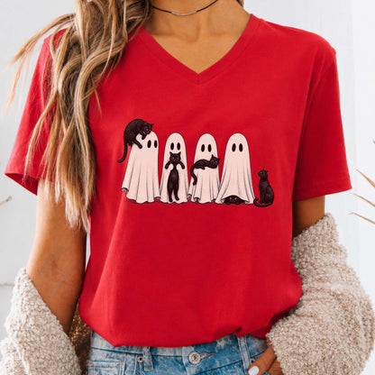Black Cats With Their Ghosts Halloween V-Neck