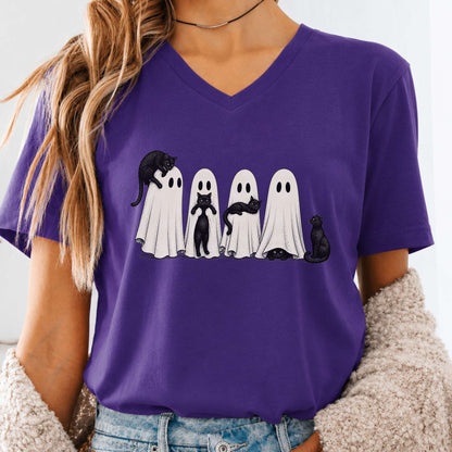 Black Cats With Their Ghosts Halloween V-Neck