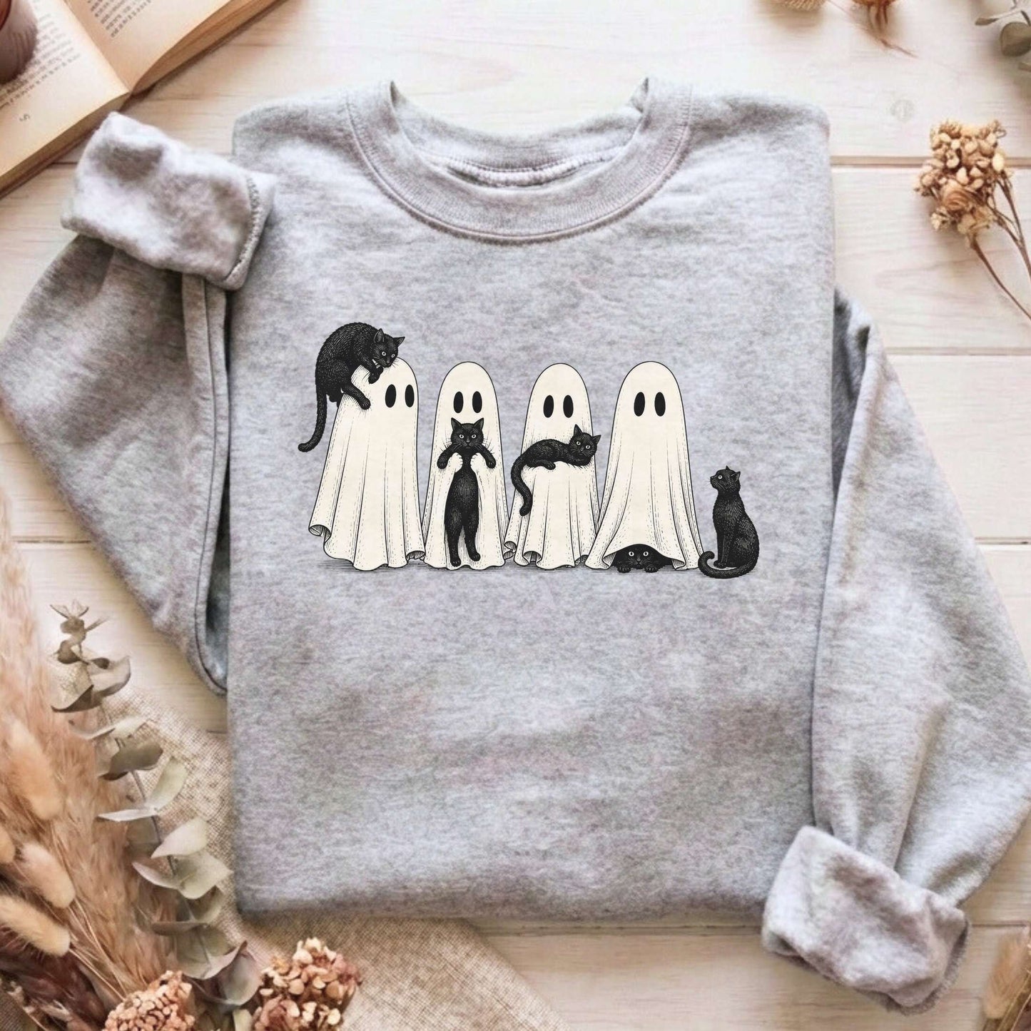 Black Cats With Their Ghosts Halloween Sweatshirt