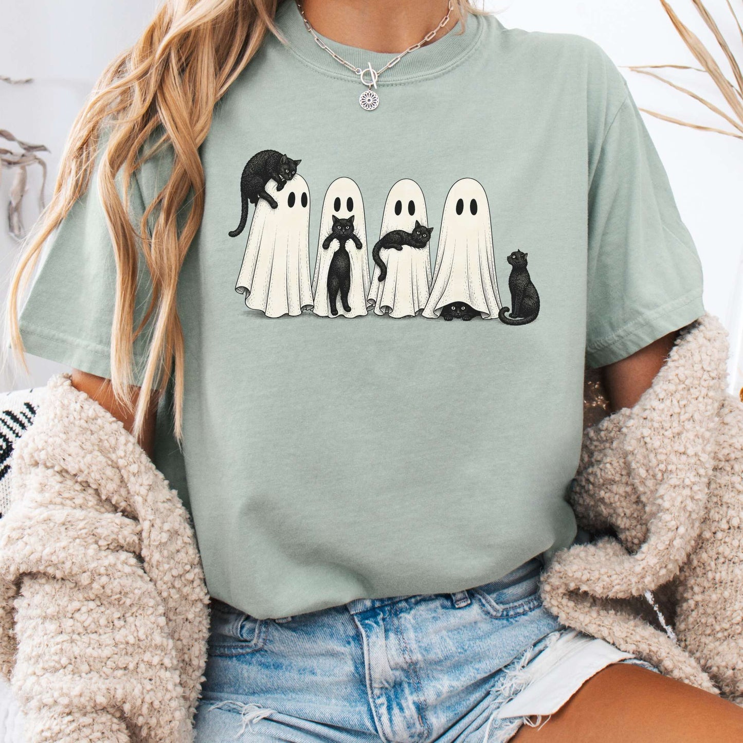Black Cats With Their Ghosts Halloween T-Shirt