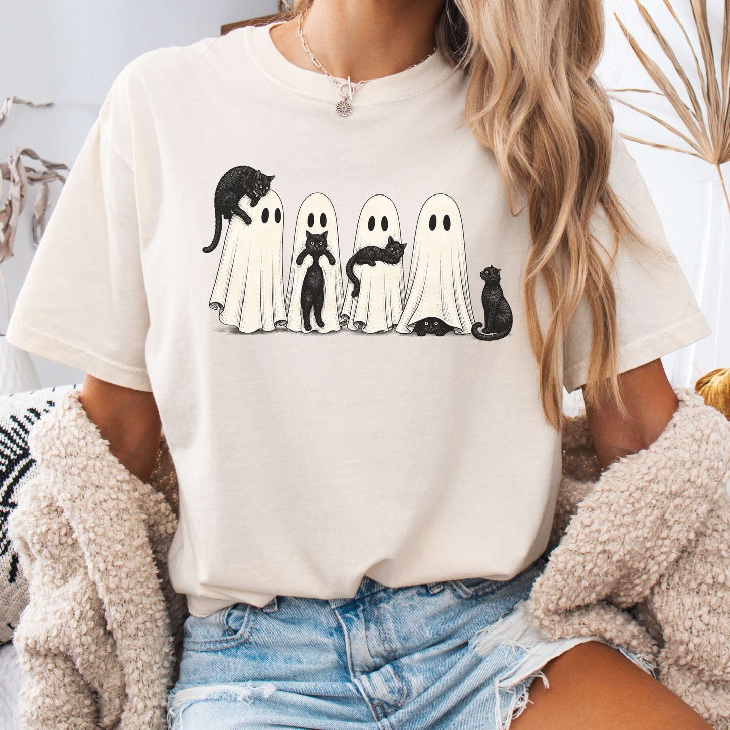 Black Cats With Their Ghosts Halloween T-Shirt