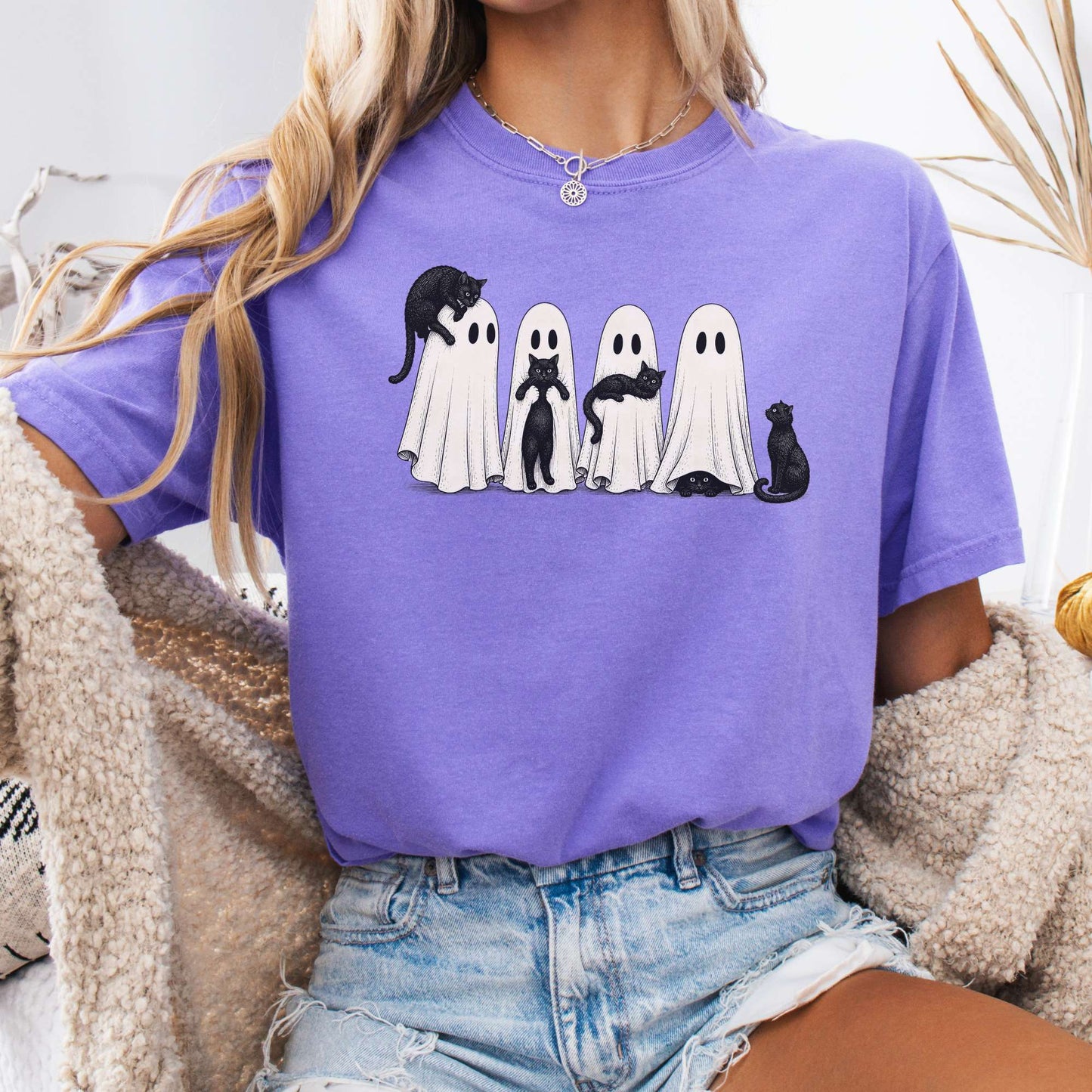 Black Cats With Their Ghosts Halloween T-Shirt