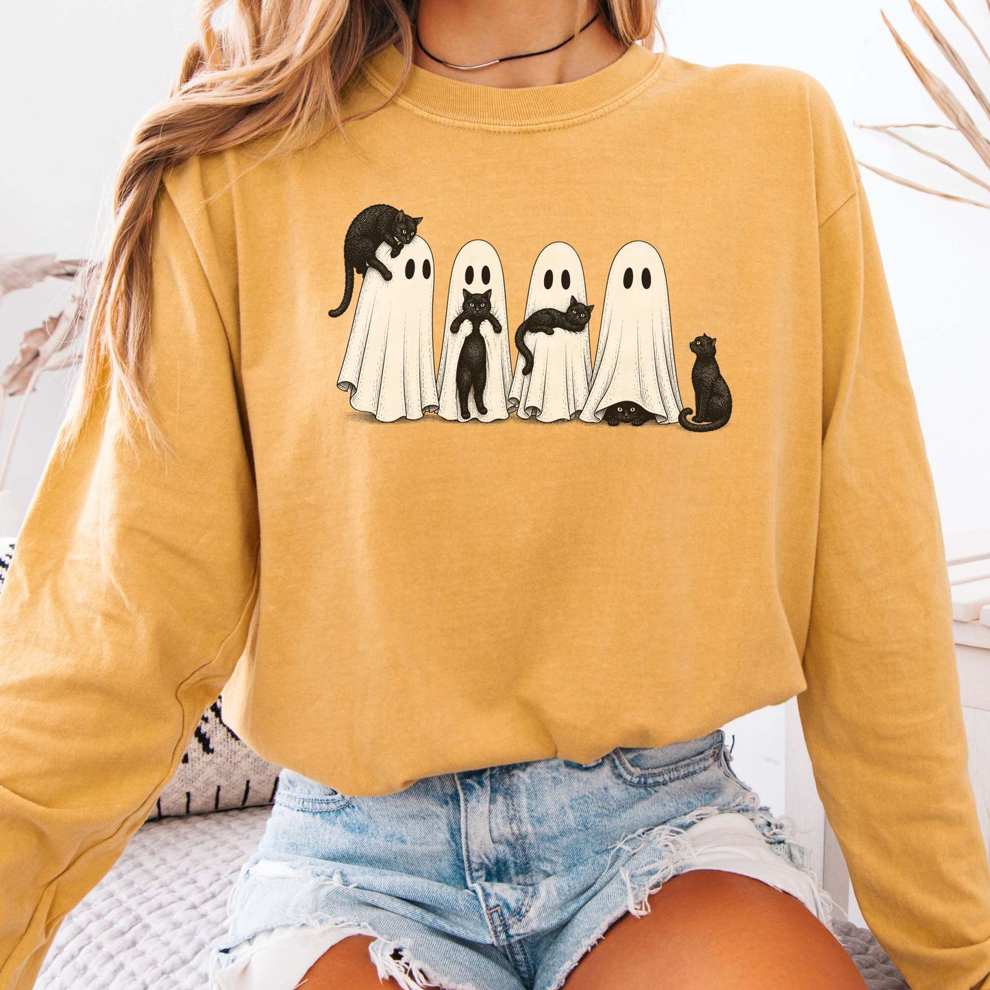 Black Cats With Their Ghosts Halloween Long Sleeve