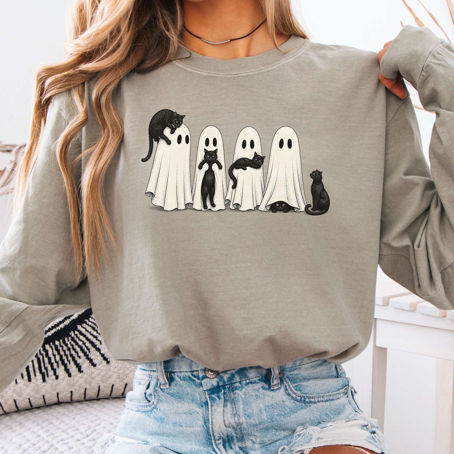 Black Cats With Their Ghosts Halloween Long Sleeve