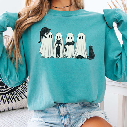 Black Cats With Their Ghosts Halloween Long Sleeve