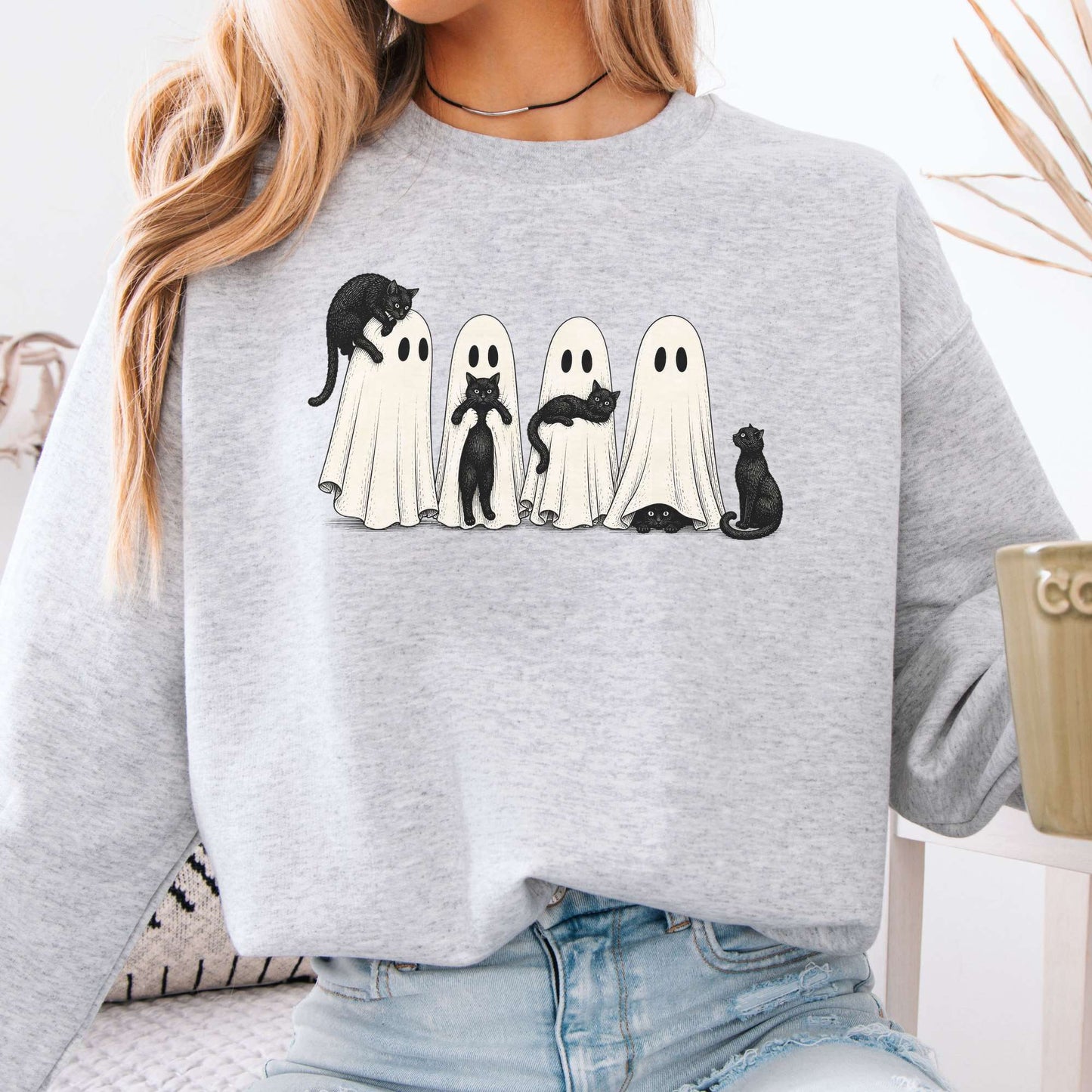 Black Cats With Their Ghosts Halloween Sweatshirt