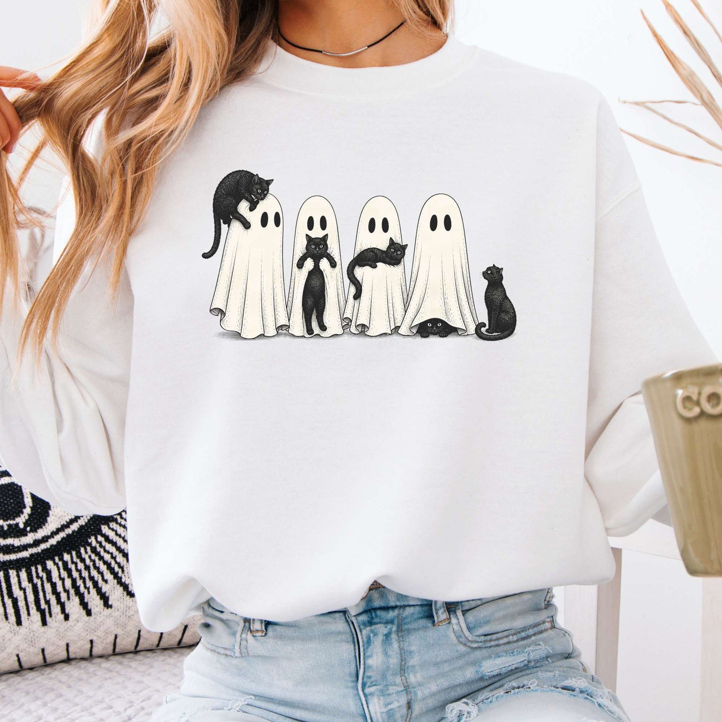 Black Cats With Their Ghosts Halloween Sweatshirt
