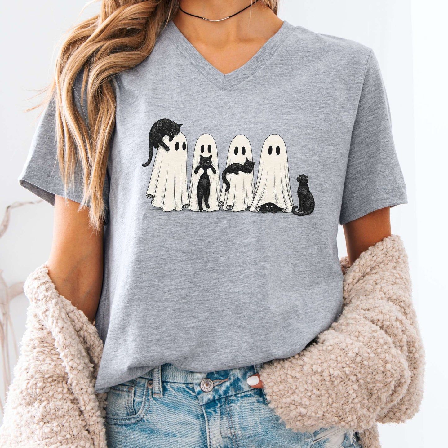 Black Cats With Their Ghosts Halloween V-Neck