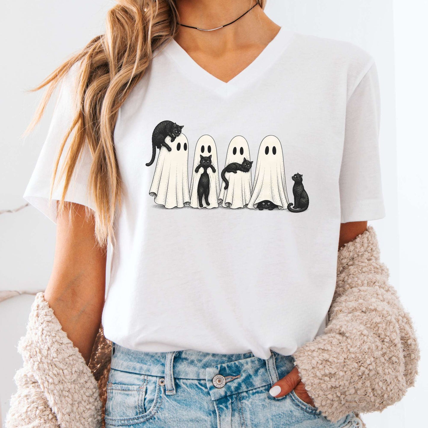 Black Cats With Their Ghosts Halloween V-Neck