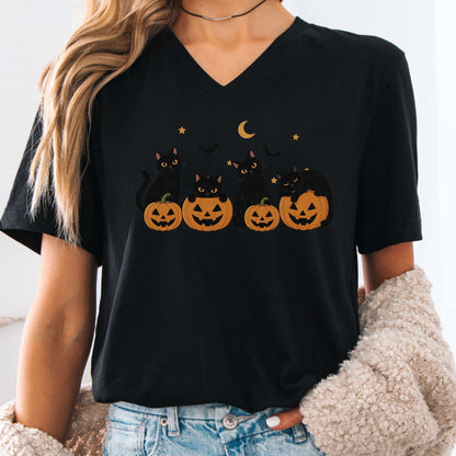 Cats and Their Pumpkins Halloween V-Neck
