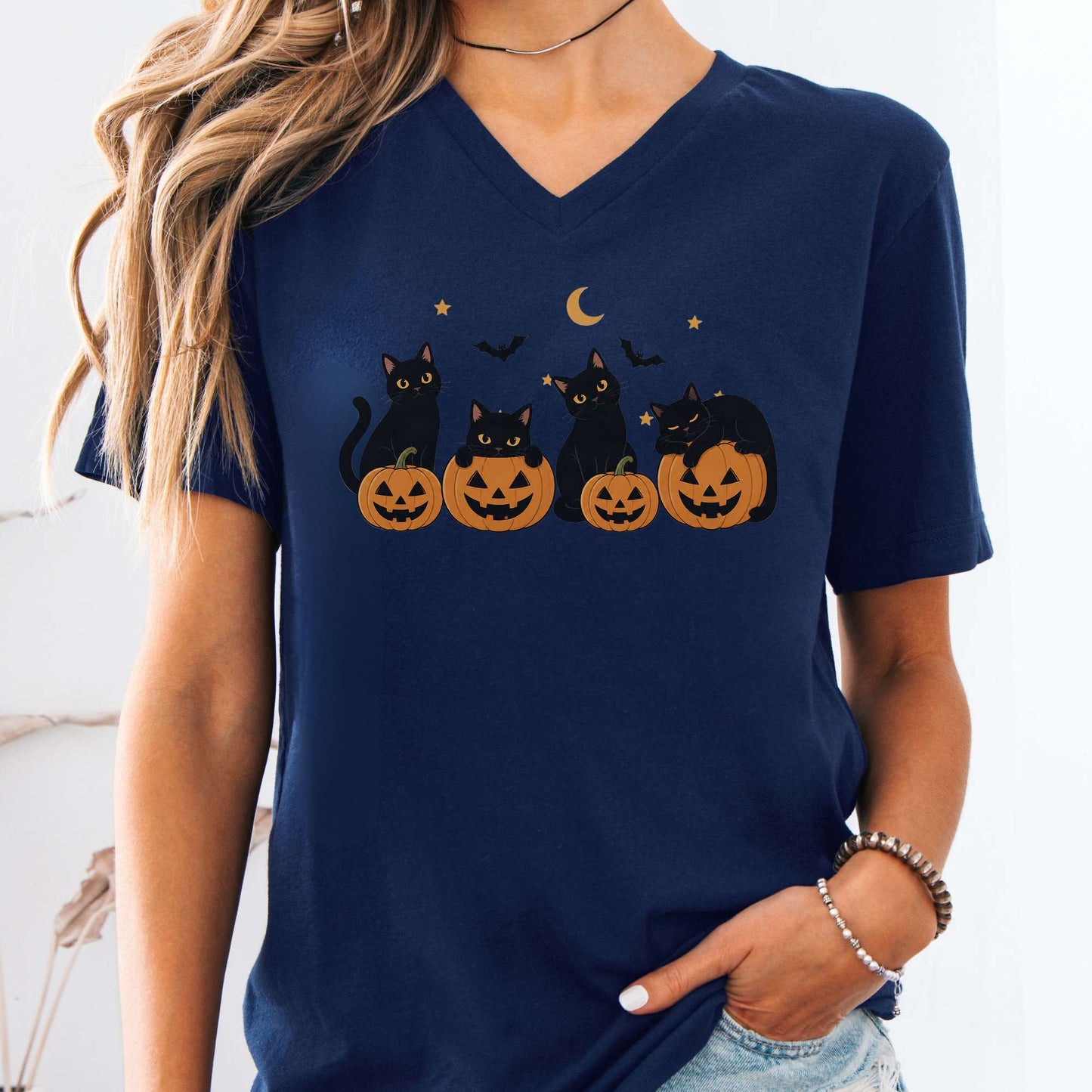 Cats and Their Pumpkins Halloween V-Neck