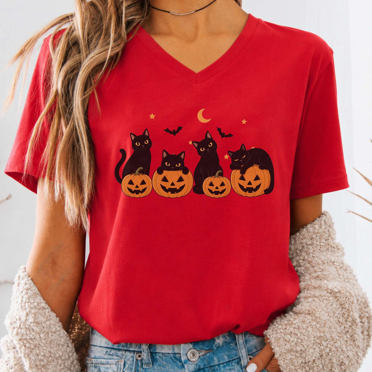 Cats and Their Pumpkins Halloween V-Neck