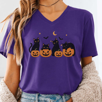 Cats and Their Pumpkins Halloween V-Neck