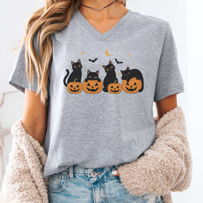 Cats and Their Pumpkins Halloween V-Neck