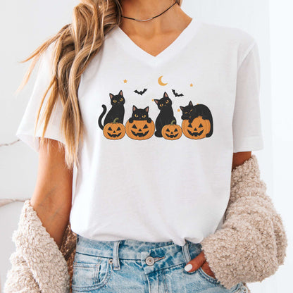 Cats and Their Pumpkins Halloween V-Neck