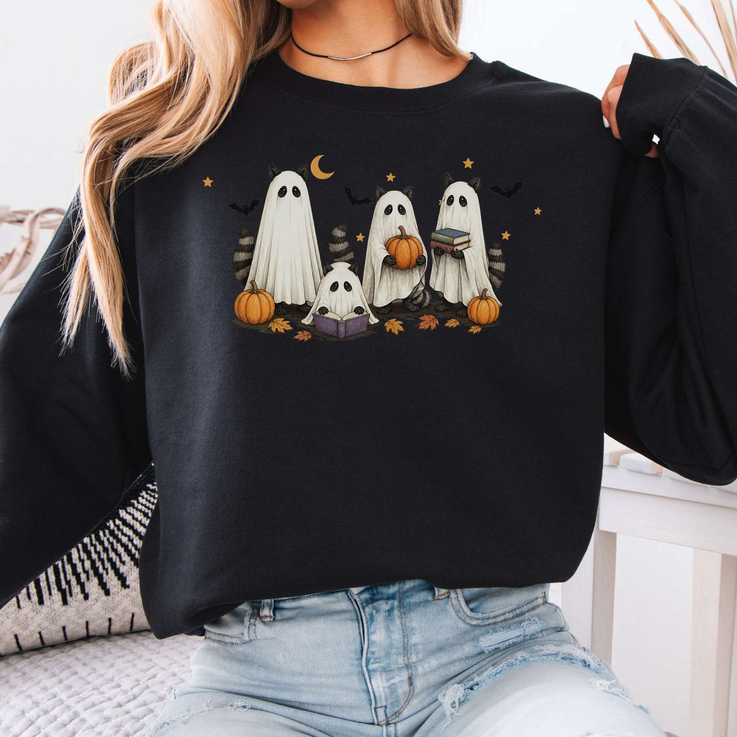 Mischievous Raccoon Ghosts Halloween Sweatshirt