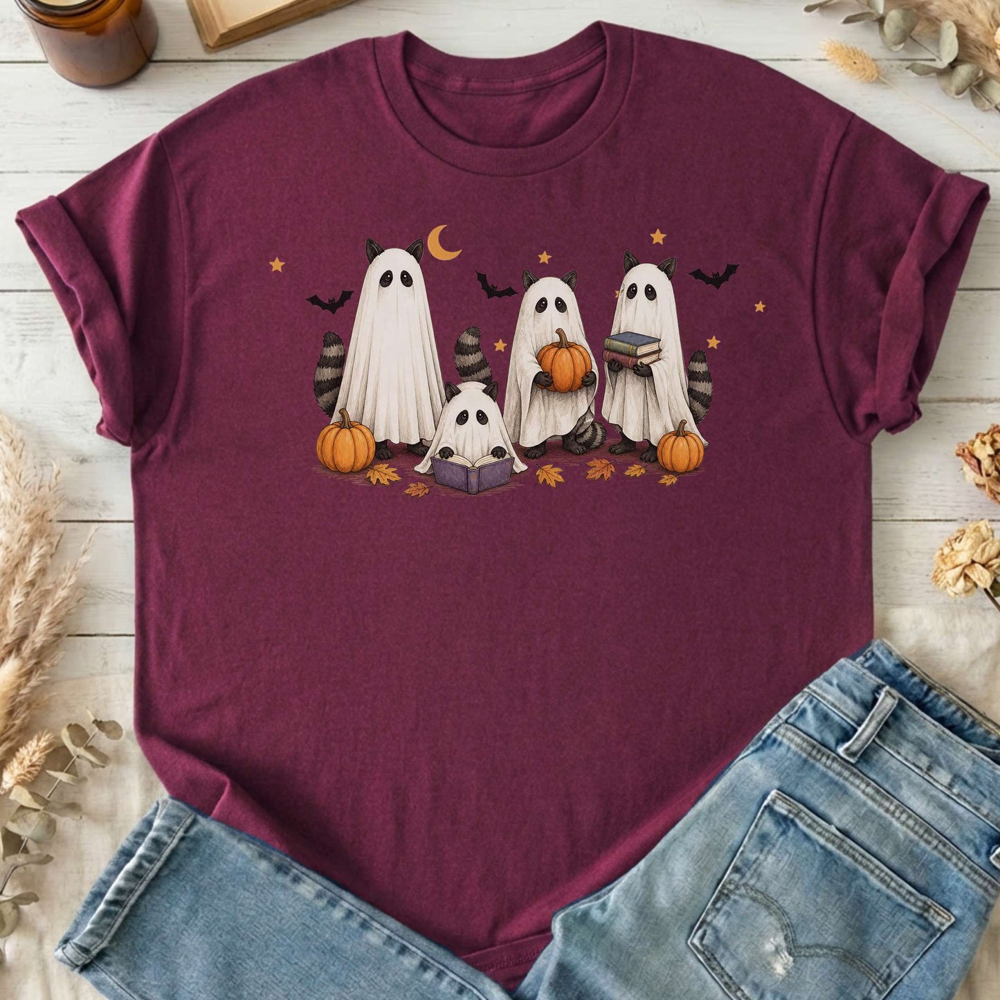 Mischievous Raccoon Ghosts Halloween T-Shirt