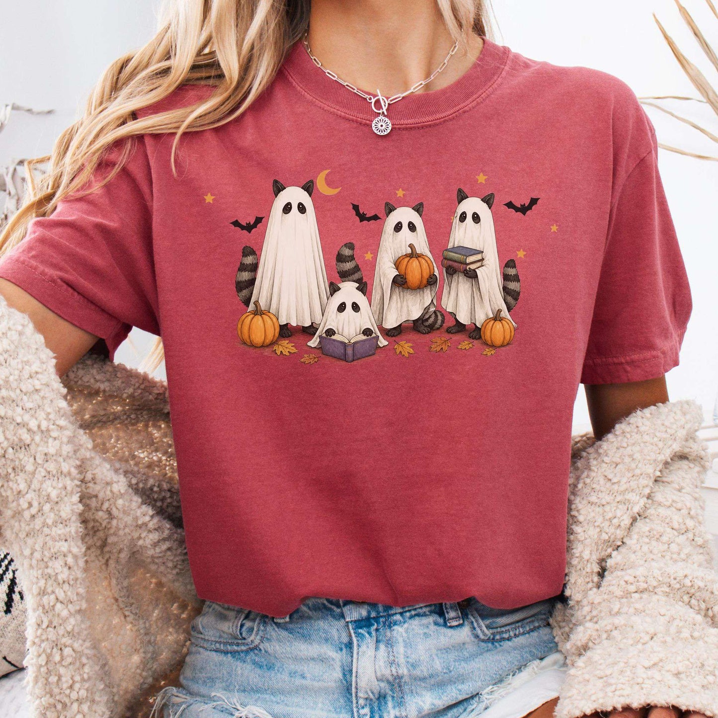 Mischievous Raccoon Ghosts Halloween T-Shirt