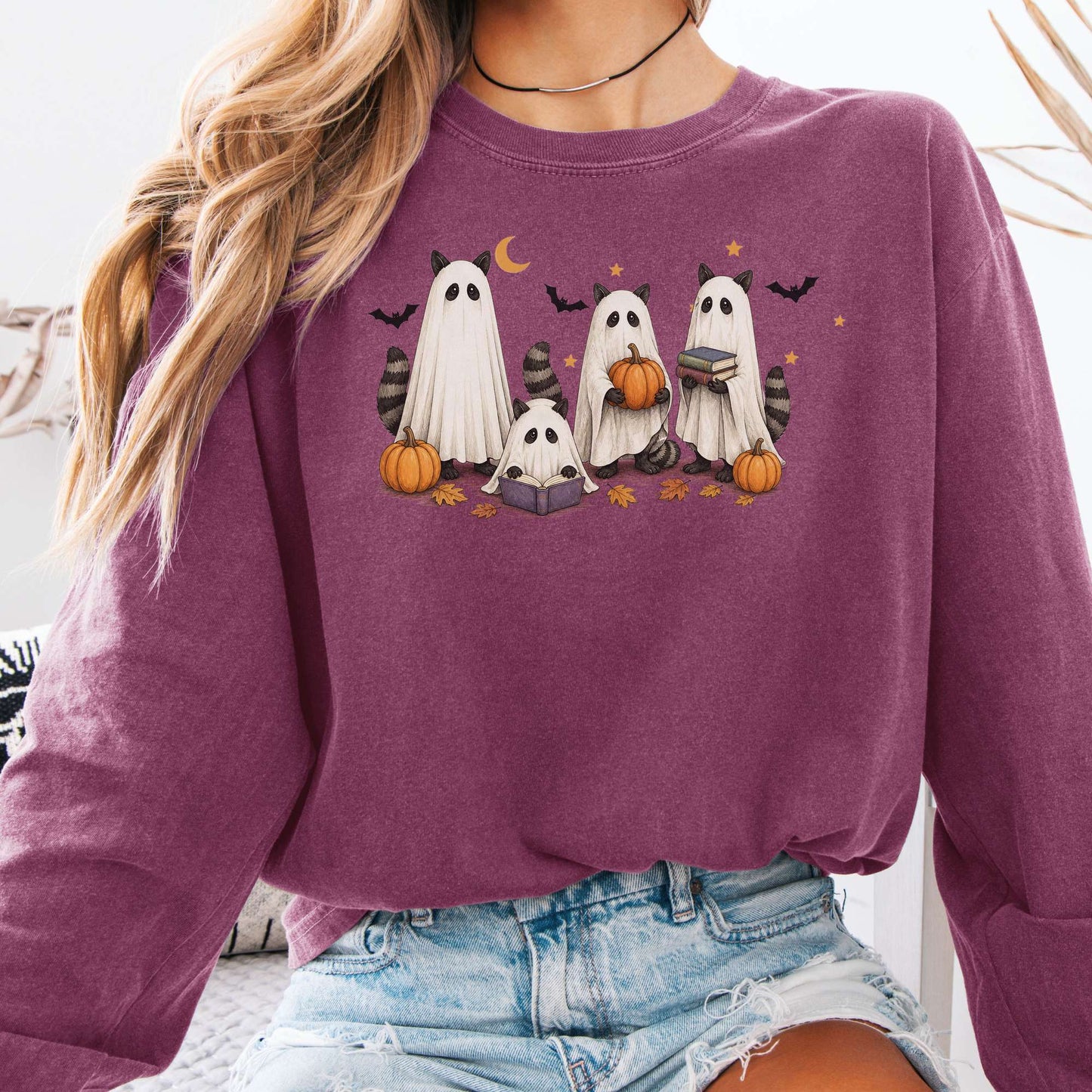Mischievous Raccoon Ghosts Halloween Long Sleeve