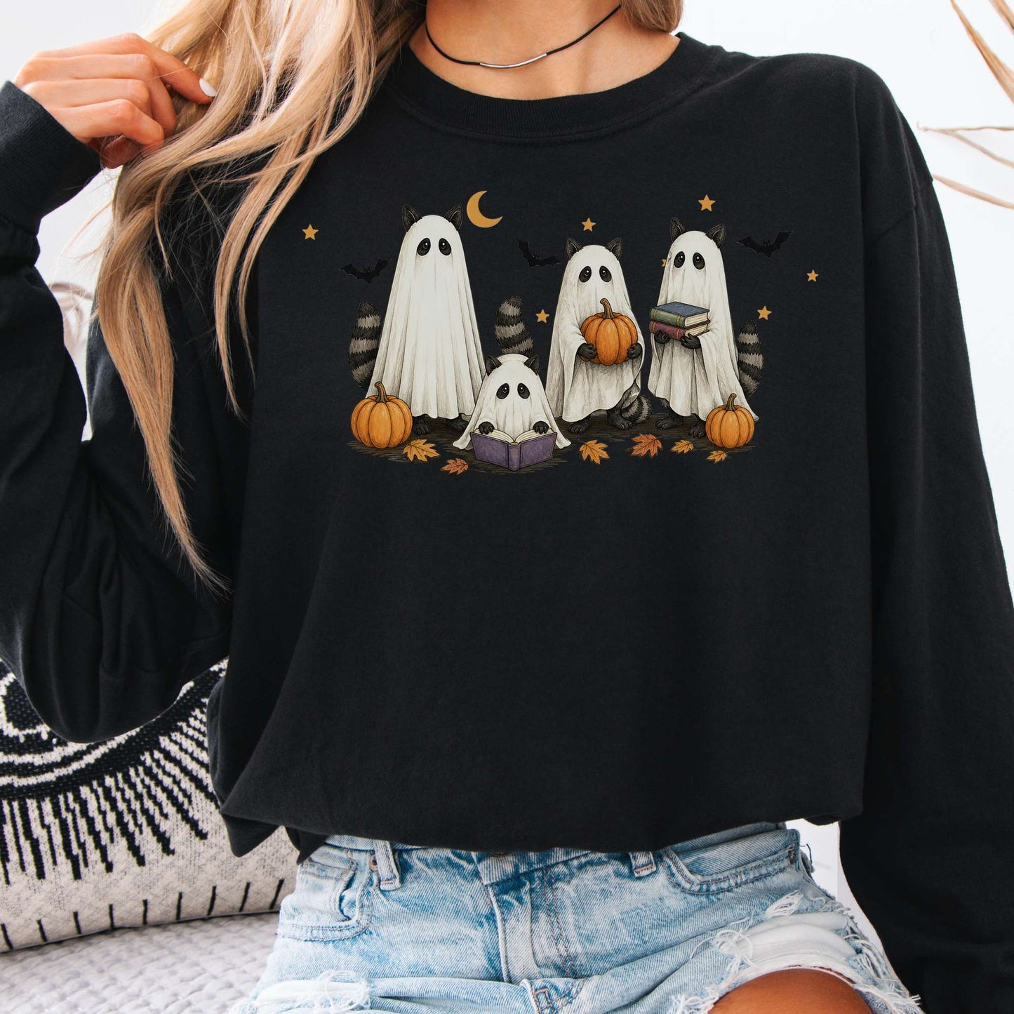 Mischievous Raccoon Ghosts Halloween Long Sleeve