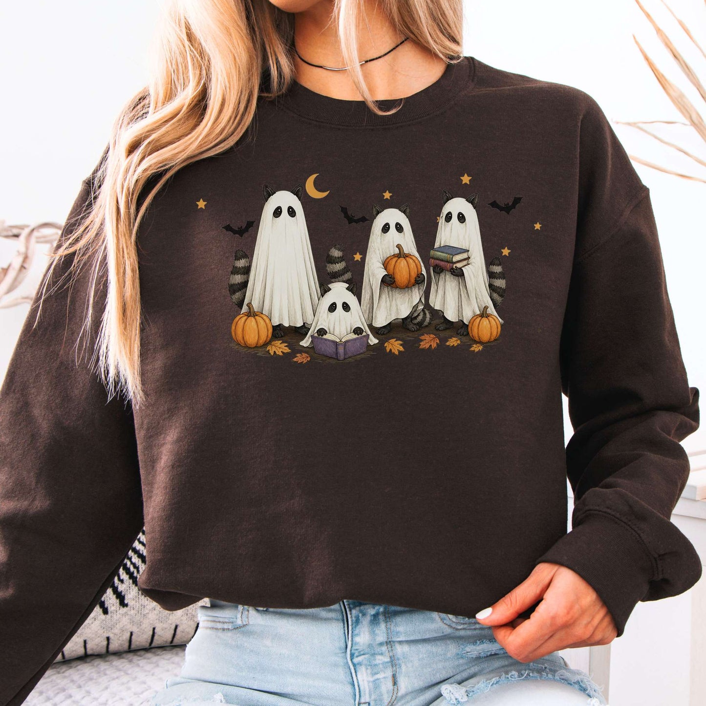 Mischievous Raccoon Ghosts Halloween Sweatshirt