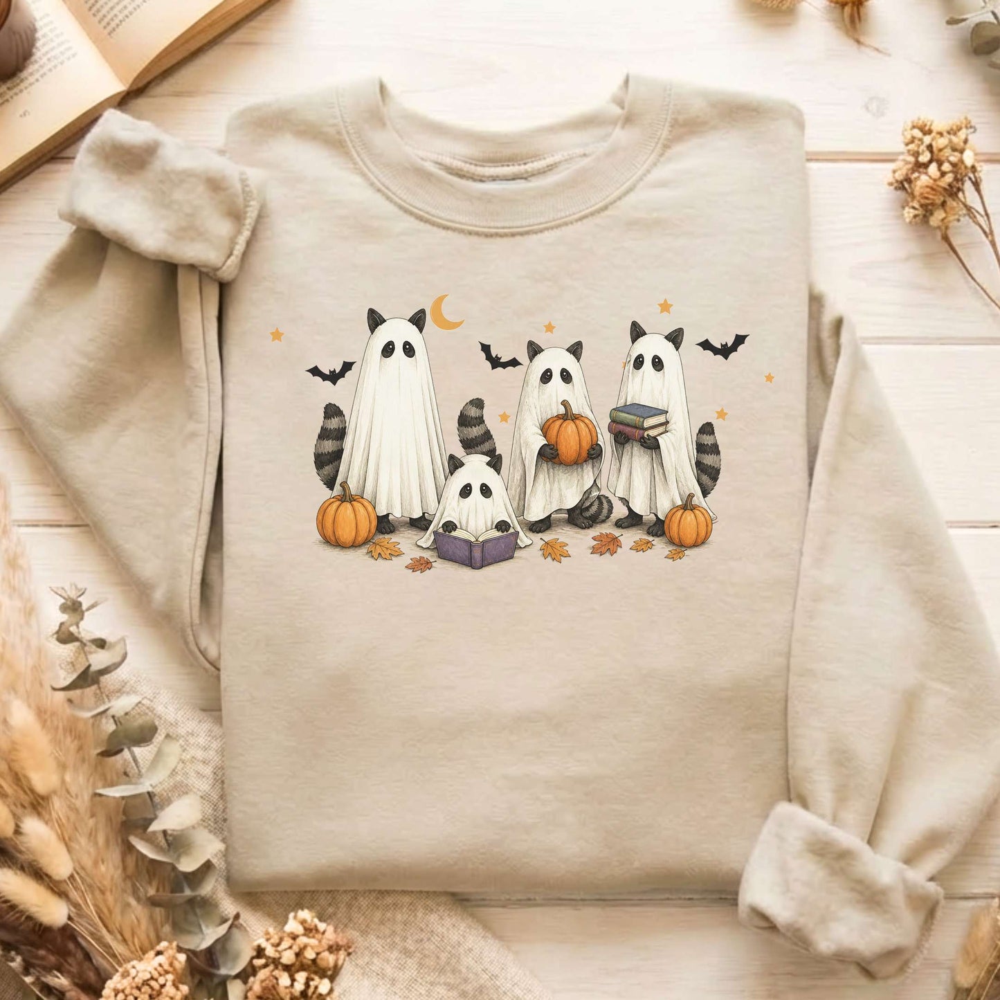 Mischievous Raccoon Ghosts Halloween Sweatshirt