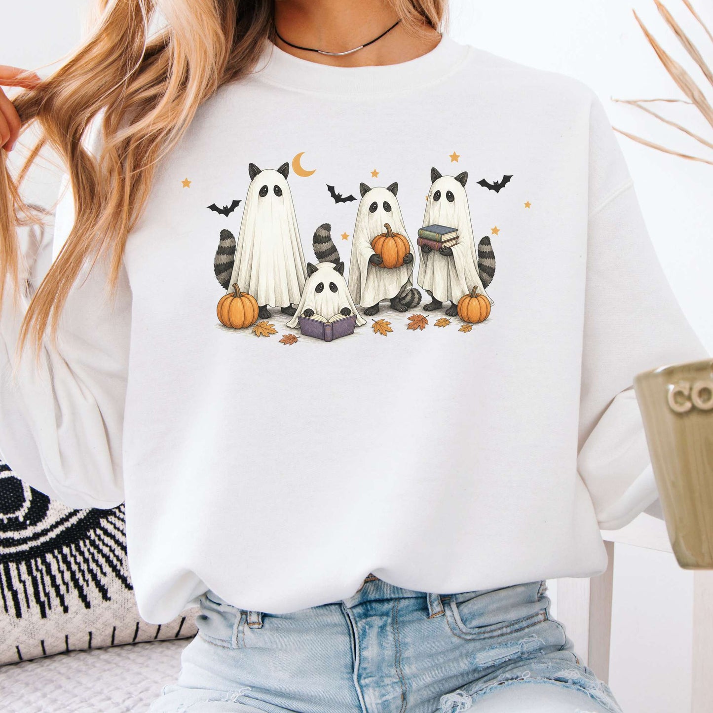 Mischievous Raccoon Ghosts Halloween Sweatshirt