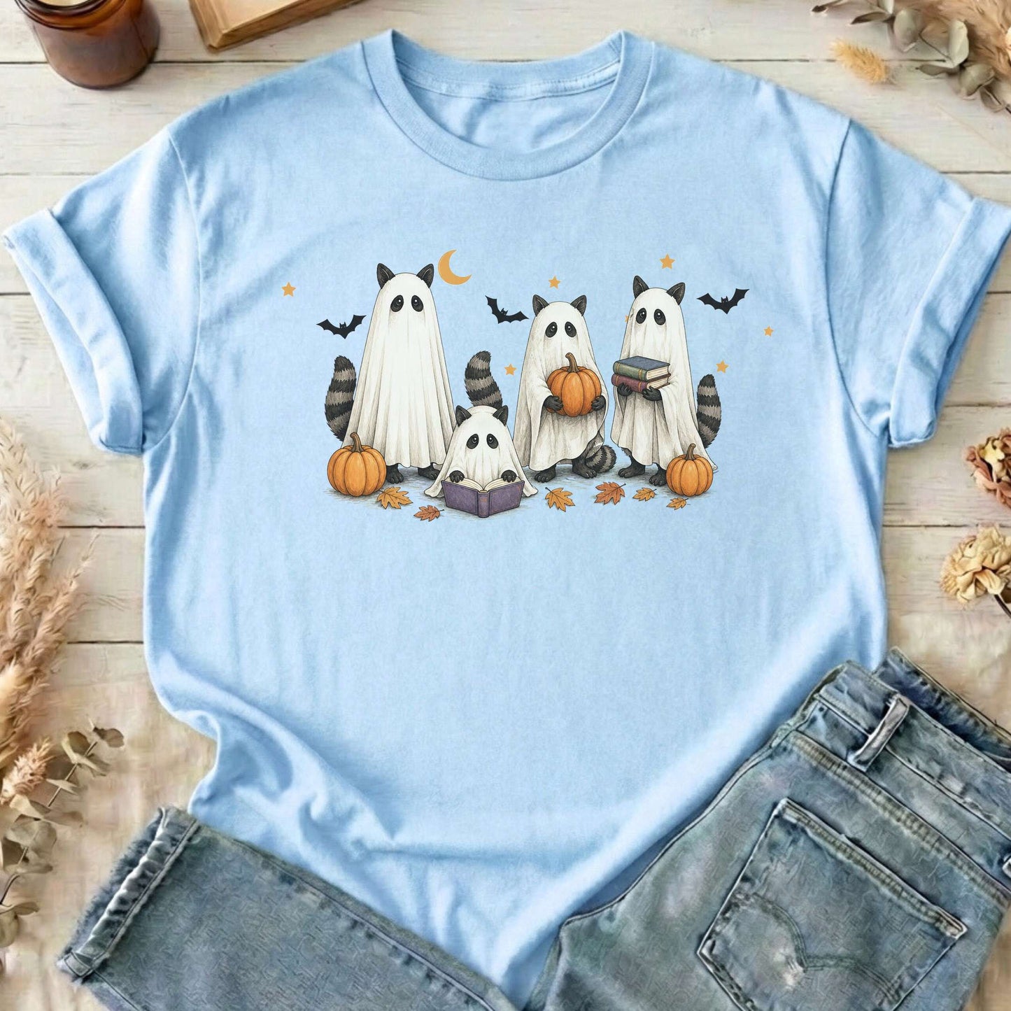 Mischievous Raccoon Ghosts Halloween T-Shirt