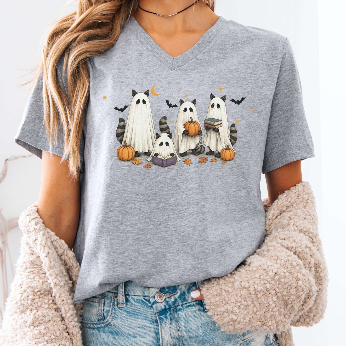 Mischievous Raccoon Ghosts Halloween V-Neck