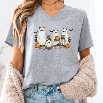Mischievous Raccoon Ghosts Halloween V-Neck