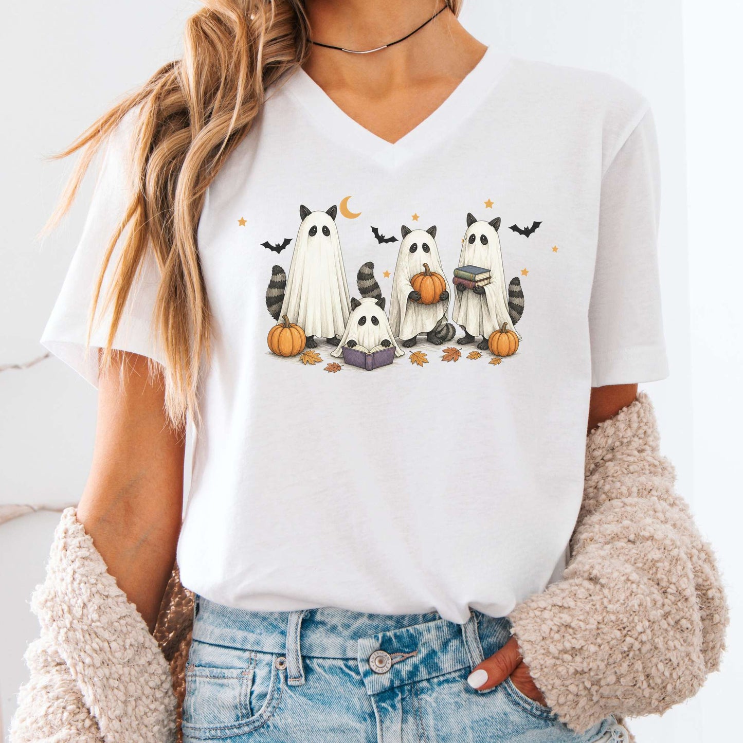 Mischievous Raccoon Ghosts Halloween V-Neck